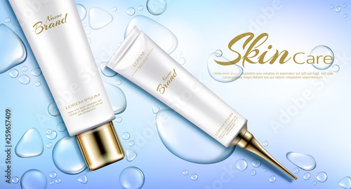 Hydrating skincare cosmetics products 3d realistic vector ad banner, promo poster. Face and eye cream squeeze, branded tube with long nozzle and golden cap, water drops illustration on blue background