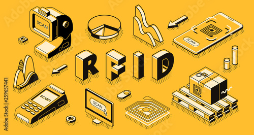Radio frequency identification technology isometric vector concept with RFID reader or scanner, electromagnetic track tag on cardboard box, mobile app for business delivery, goods shipment tracking
