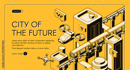 City of future isometric vector web banner, landing page template. Flying taxi copter, delivery drone, monorail subway train moving between futuristic architecture skyscrapers line art illustration