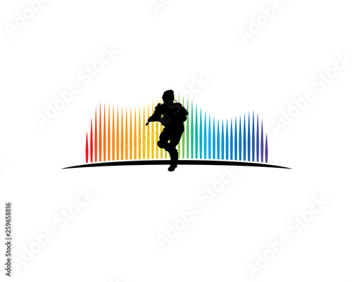 silhouette of soldier in full armor sneaking in front of aurora borealis