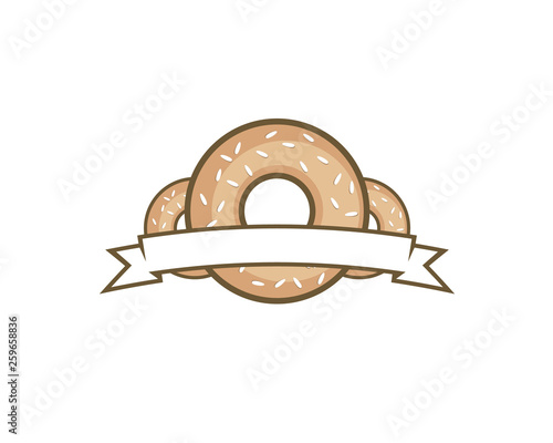 3 three bagel bread with white ribbon as vintage retro emblem logo