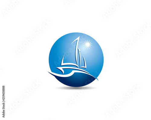 simple modern boat yacht mainsale as negative space  inside blue sphere round logo 