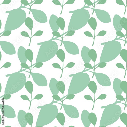 Green leaves vector seamless pattern on white background.