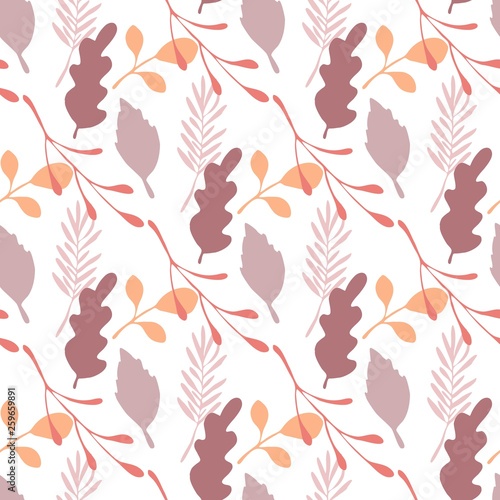 Autumn leaves and branches vector seamless pattern on white background.