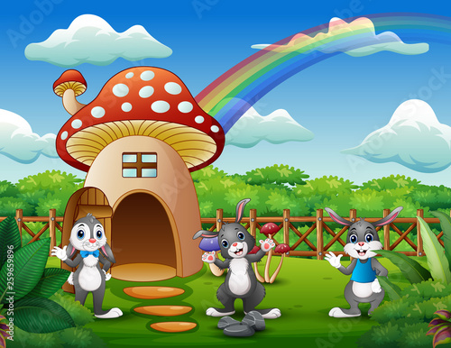 Cartoon many rabbits near the red mushroom house