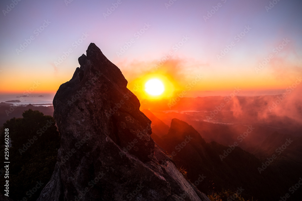 Stunning sunrise scene over The Pinnacles, Coromandel, New Zealand.