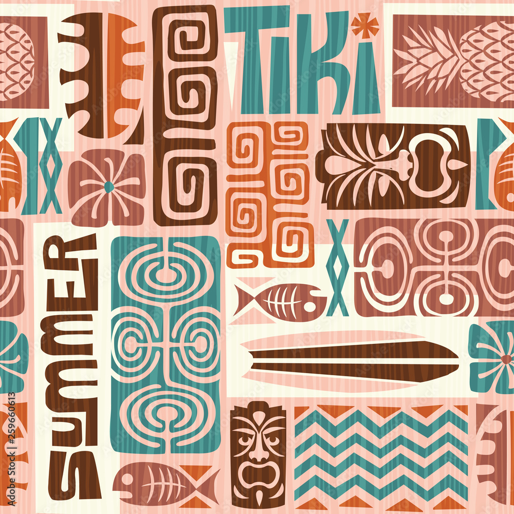 Seamless Exotic Tiki Pattern. Use for wallpaper, fabric patterns, backgrounds. Vector illustration