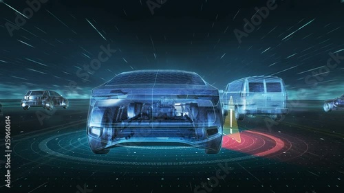 Future hybrid cars, Autonomous driving. 360 degree surveillance system with futuristic UI, Artificial Intelligence, IoT connect automotive. x-ray image. 4k animation. photo