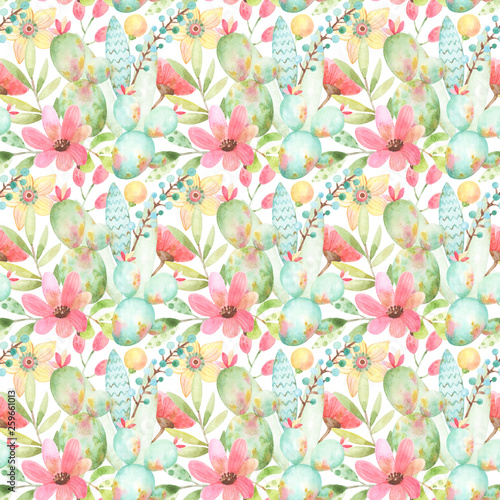 Seamless watercolor pattern with hand painted flowers, leaves, brunches, cacti and berries © Tatiana