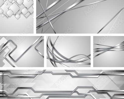 Set of grey silver metallic tech and wavy backgrounds