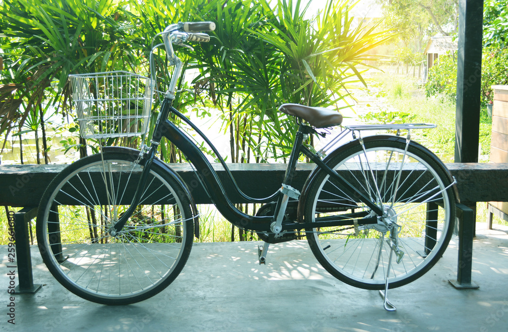 The black bicycle on the green garden background on the morning day