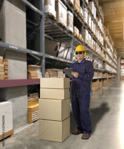 Worker in Mechanic Jumpsuit with holding parcel boxes