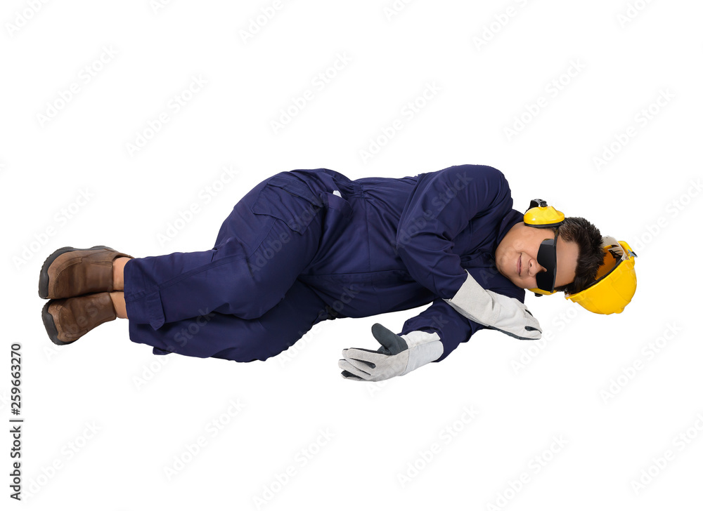worker in Mechanic Jumpsuit had an accident at work isolated on white background worker in Mechanic Jumpsuit had an accident at work isolated on white background