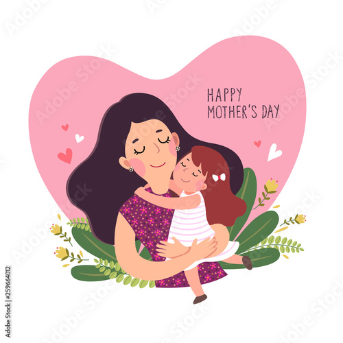 Happy mother’s day card. Cute little girl hugging her mother in heart shaped.