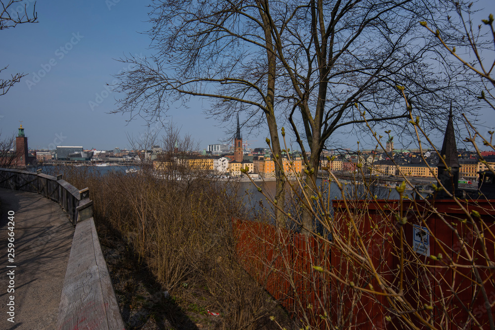 Board walk and old houses from the Södermalm district a sunny spring day in 