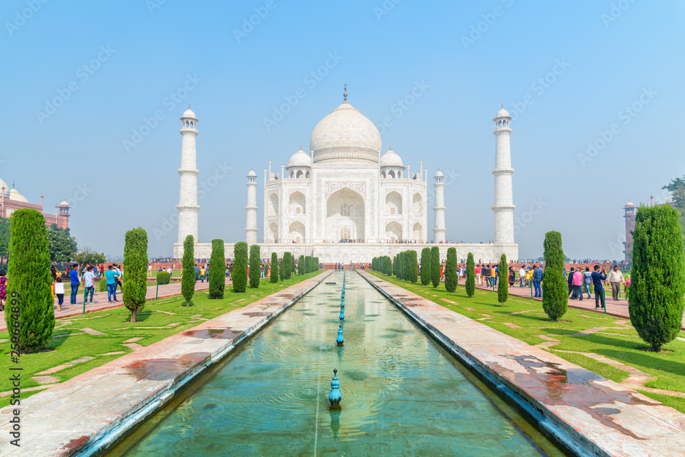 Wonderful view of the Taj Mahal on blue sky background