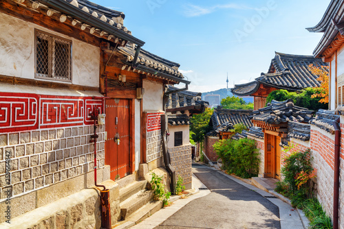 Amazing view of old narrow street and traditional Korean houses photo