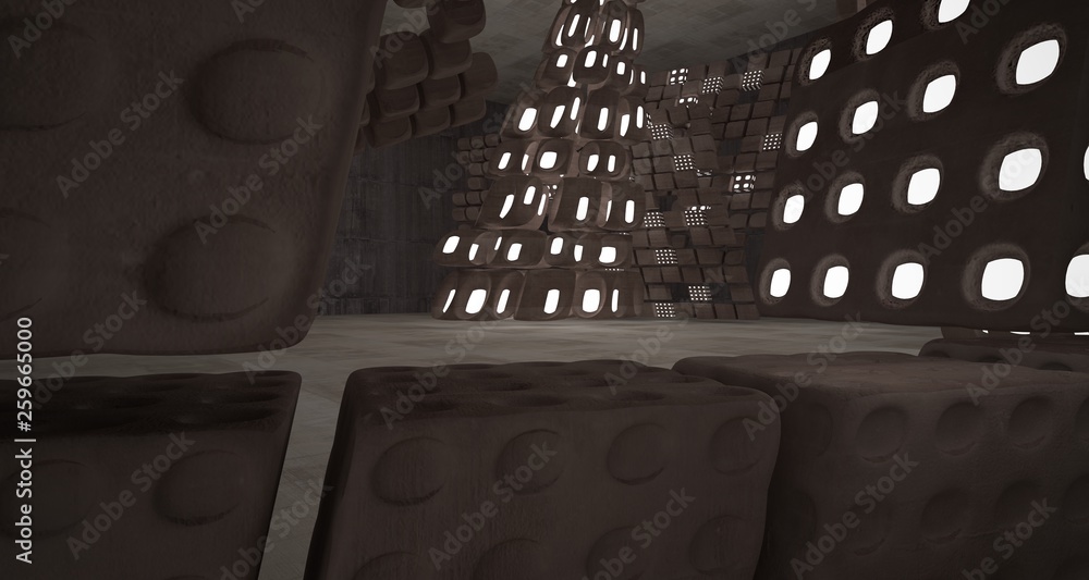 Empty dark abstract brown concrete room smooth interior. Architectural background. Night view of the illuminated. 3D illustration and rendering Empty dark abstract brown concrete room smooth interior. Architectural background. Night view of the illuminated. 3D illustration and rendering