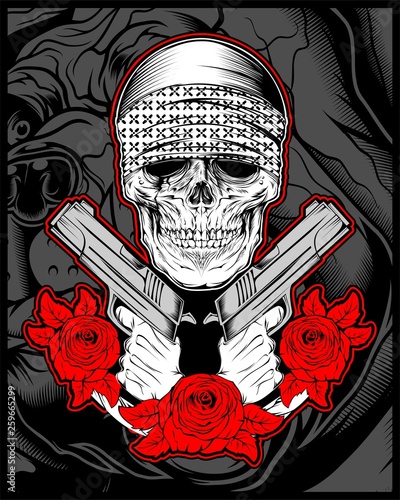 skull mafia,gengster wearing bandana with gun an roses