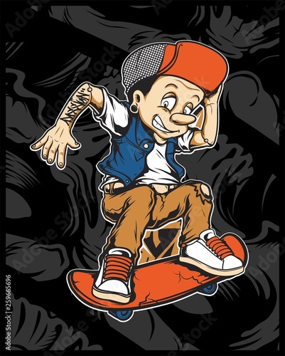 A vector illustration of cartoon young Pinocchio with skateboard