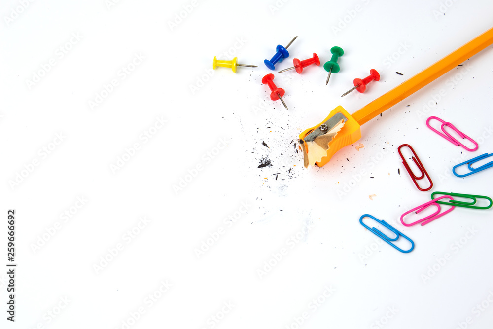 work space Yellow pencil,Sharpener,pins and clip Set for Office and Education at School concept isolate on white background work space Yellow pencil,Sharpener,pins and clip Set for Office and Education at School concept isolate on white background