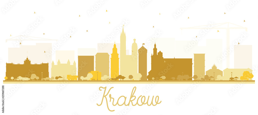 Krakow Poland City Skyline Silhouette with Golden Buildings Isolated on White. Krakow Poland City Skyline Silhouette with Golden Buildings Isolated on White.