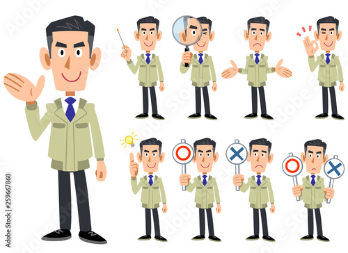 作業着を着た男性の上半身　9種類の表情と仕草のセット2