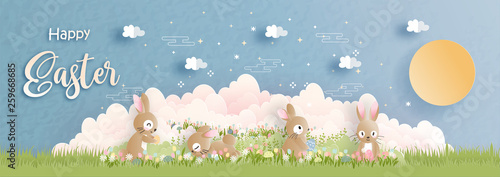 Happy Easter with cute bunny and Ester eggs in paper cut style vector illustration.