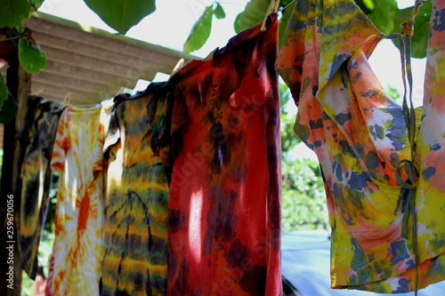 Hippie exposition of tie dye t shirts at the beach of Camburi das Pedras in Ubatuba  S  o Paulo - Brazil.