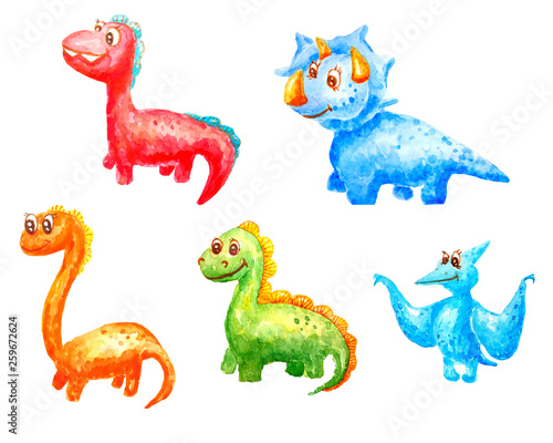 Fototapeta Naklejka Na Ścianę i Meble -  Collection of set of watercolor cartoons of kind children fantastic dinosaurs with big eyes and with a smile on a white background isolated