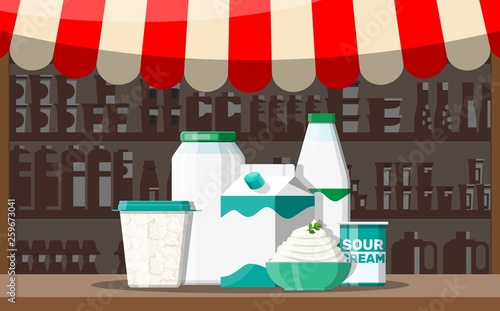 Milk street market store stall. Farmer shop or showcase counter. Dairy products set collection of food. Milk cheese yogurt butter sour cream cottage cream farm products. Vector illustration flat style