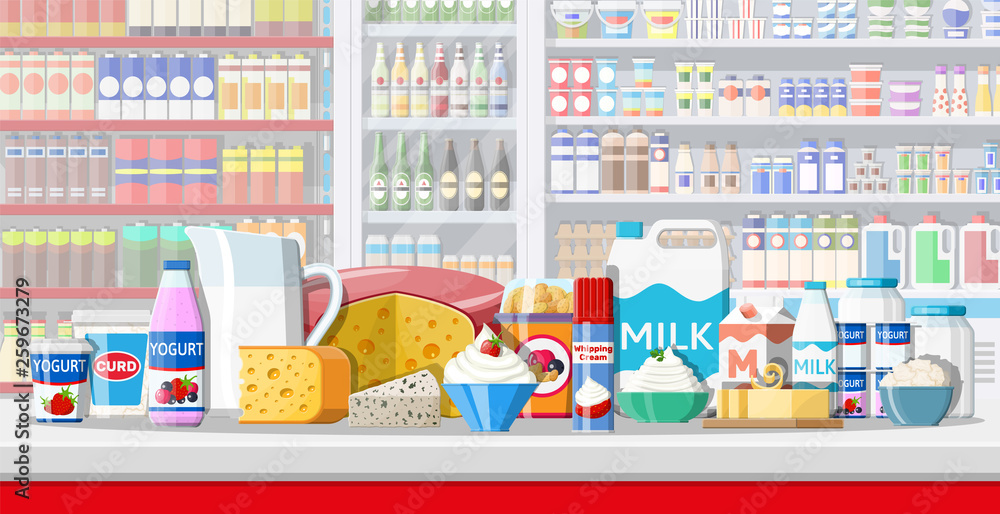 Milk counter in supermarket. Farmer shop or grocery store. Dairy products set collection of food. Milk cheese yogurt butter sour cream cottage cream farm products. Vector illustration flat style