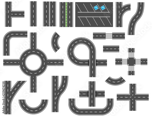 Asphalt roads design elements for city map. Street and road with footpaths and crossroads. elements for city map. Highway asphalt path traffic streets. Vector illustration in flat style