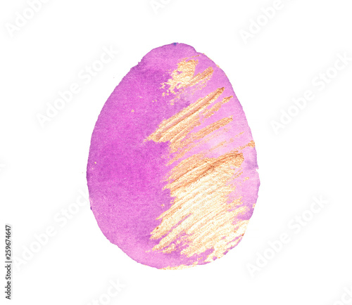 Hand drawn purple and golden watercolor Easter egg on white background
