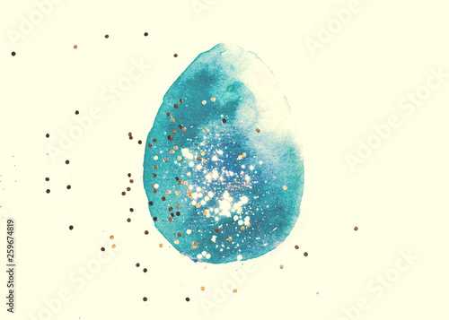 Blue watercolor Easter egg with golden glitter in vintage colors