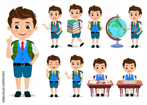 School kids student vector characters set. Back to school boy cartoon characterswith school uniform talking and doing educational activities. Vector illustration.