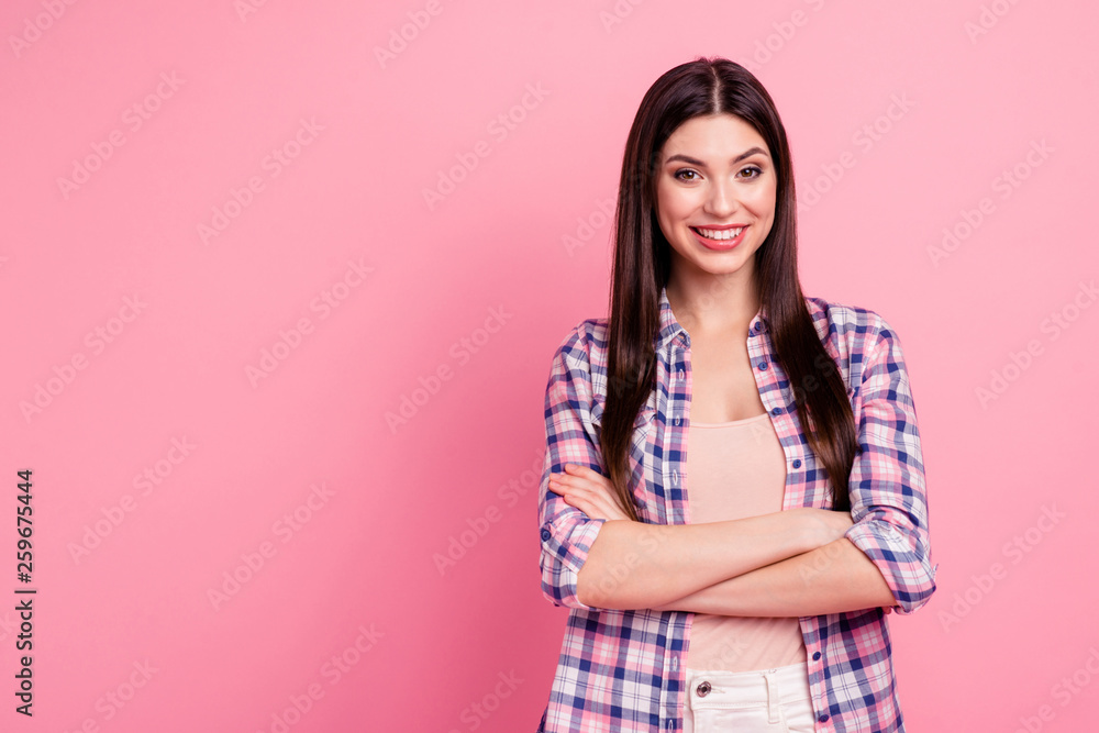 Close up photo beautiful her she lady hands arms together crossed look self-confidently best worker work job professional wear casual checkered plaid shirt clothes outfit isolated pink background Close up photo beautiful her she lady hands arms together crossed look self-confidently best worker work job professional wear casual checkered plaid shirt clothes outfit isolated pink background