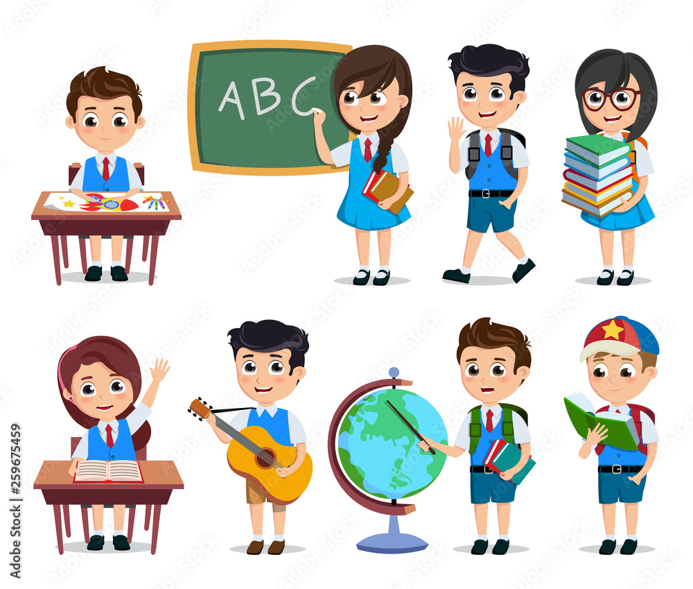School students vector characters set. Young happy kids cartoon characters  doing educational activities wearing school uniform isolated in white.  Vector illustration. Stock Vector | Adobe Stock