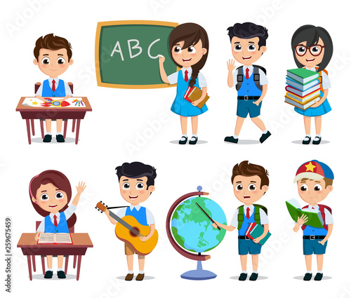School students vector characters set. Young happy kids cartoon characters doing educational activities wearing school uniform isolated in white. Vector illustration.