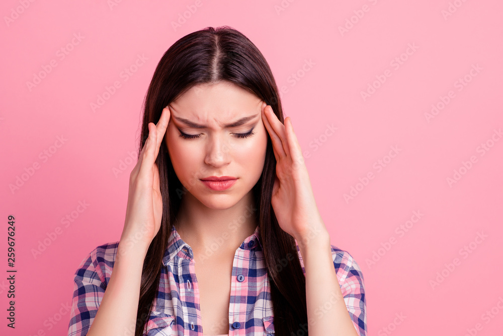Close-up portrait of her she nice-looking attractive cute charming confused worried puzzled straight-haired lady having pain attack temples closed eyes isolated over pink pastel background Close-up portrait of her she nice-looking attractive cute charming confused worried puzzled straight-haired lady having pain attack temples closed eyes isolated over pink pastel background