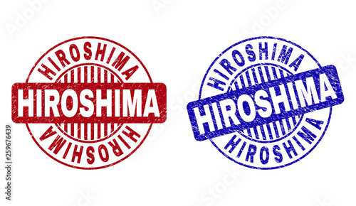 Grunge HIROSHIMA round stamp seals isolated on a white background. Round seals with grunge texture in red and blue colors. Vector rubber imprint of HIROSHIMA tag inside circle form with stripes.