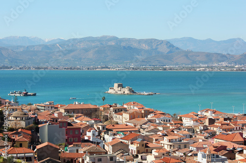 Bourtzi the water castle in the middle of Nafplio harbour in Greece