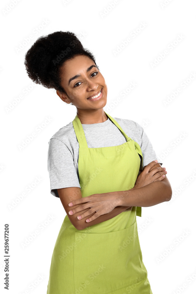African-American woman in apron on white background African-American woman in apron on white background