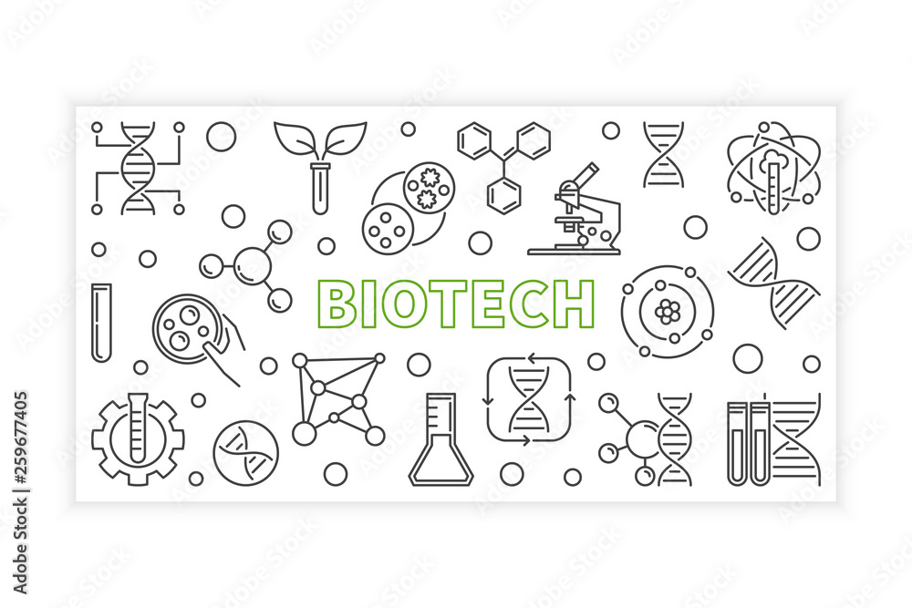 Vector Biotech concept horizontal outline illustration or banner on white background Vector Biotech concept horizontal outline illustration or banner on white background