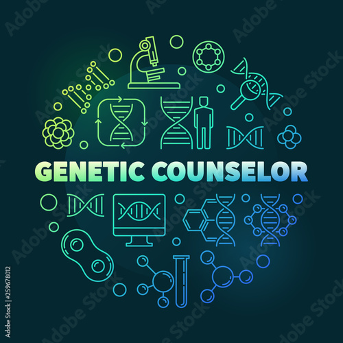 Genetic Counselor vector concept round colorful outline illustration on dark background