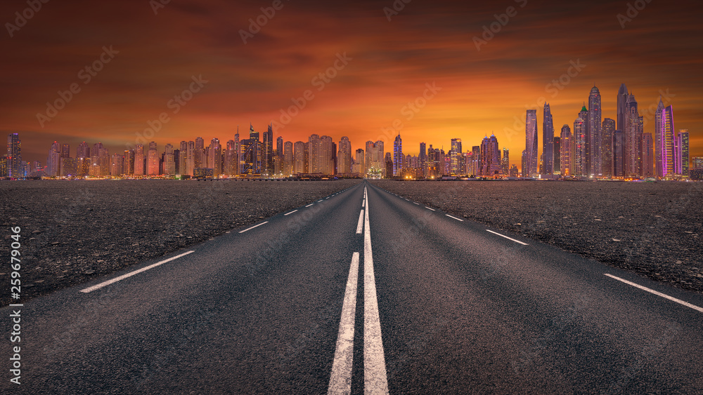Empty road towards the futuristic skyline