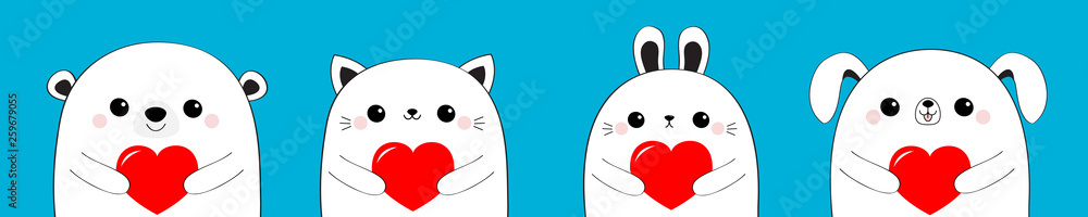 Happy Valentines Day. Cat kitten bear dog puppy rabbit hare face set holding red heart. Line contour silhouette Cute cartoon kawaii funny baby animal Flat design Love card Blue background Happy Valentines Day. Cat kitten bear dog puppy rabbit hare face set holding red heart. Line contour silhouette Cute cartoon kawaii funny baby animal Flat design Love card Blue background