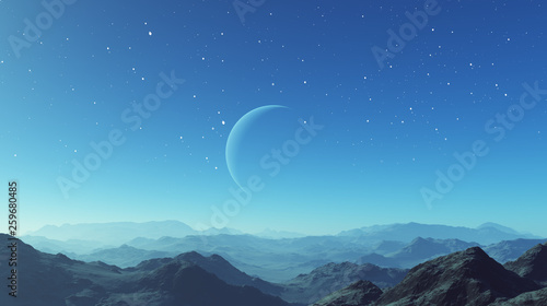 Foto 3d rendered Space Art: Alien Planet - A Fantasy Landscape with blue skies and st