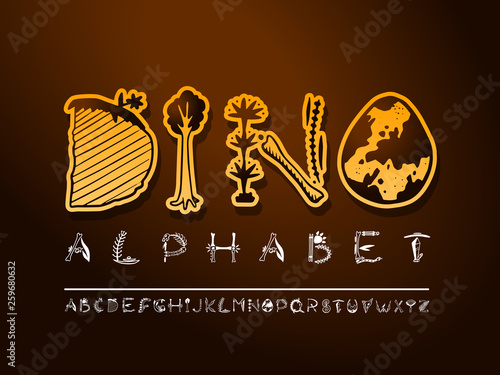 Vector hand dino drawn art font. Colorful dinosaur alphabet. Decorative typeface. Cute paleontology letters for your design. Vector font set.