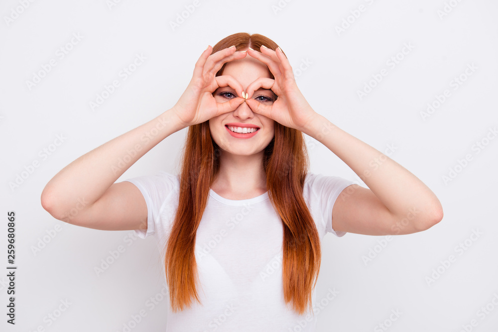 Close up photo beautiful amazing she her lady overjoyed long straight hair carefree childish fingers okey symbol near eyes specs wear casual t-shirt outfit clothes isolated white light background Close up photo beautiful amazing she her lady overjoyed long straight hair carefree childish fingers okey symbol near eyes specs wear casual t-shirt outfit clothes isolated white light background